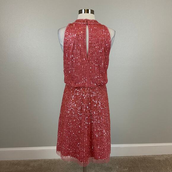 Adrianna Papell Sequined Mini Sheath Cocktail Dress Colorful Coral Pink Size 8 - Picture 4 of 12